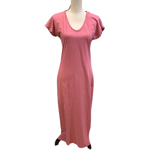 Pact Pink V-Neck small distressed T-Shirt dress sustainable organic cotton slit - Picture 3 of 7